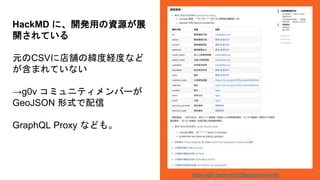 https://g0v.hackmd.io/@kiang/mask-info
HackMD に、開発用の資源が展
開されている
元のCSVに店舗の緯度経度など
が含まれていない
→g0v コミュニティメンバーが
GeoJSON 形式で配信
GraphQL Proxy なども。
 