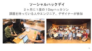 74
２ヶ月に１度の１Dayハッカソン
課題を持っている人やエンジニア、デザイナーが参加
ソーシャルハックデイ
 