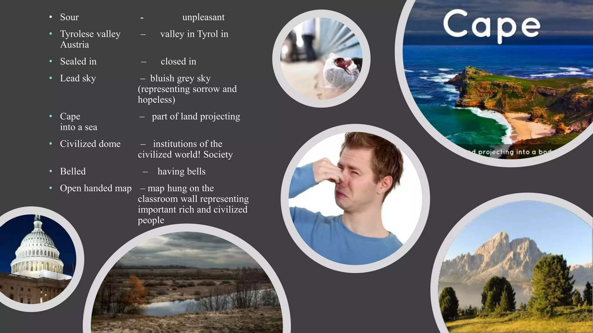 • Sour - unpleasant
• Tyrolese valley – valley in Tyrol in
Austria
• Sealed in – closed in
• Lead sky – bluish grey sky
(representing sorrow and
hopeless)
• Cape – part of land projecting
into a sea
• Civilized dome – institutions of the
civilized world! Society
• Belled – having bells
• Open handed map – map hung on the
classroom wall representing
important rich and civilized
people
 