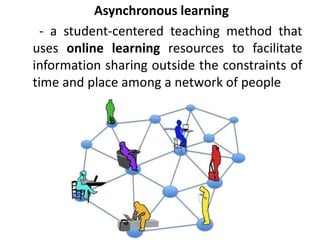 Asynchronous learning
- a student-centered teaching method that
uses online learning resources to facilitate
information sharing outside the constraints of
time and place among a network of people
 