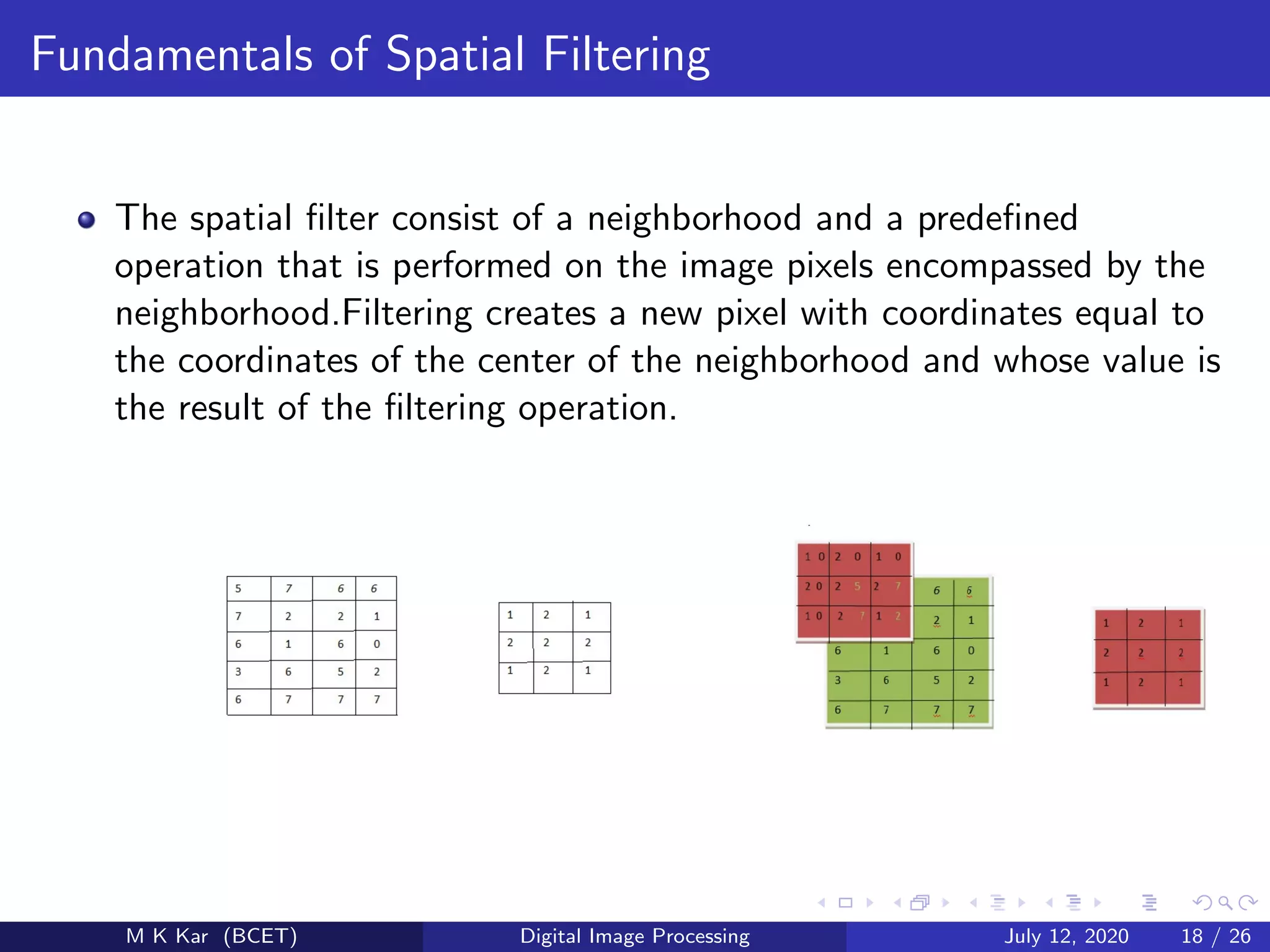 Fundamentals of Spatial Filtering
The spatial ﬁlter consist of a neighborhood and a predeﬁned
operation that is performed on the image pixels encompassed by the
neighborhood.Filtering creates a new pixel with coordinates equal to
the coordinates of the center of the neighborhood and whose value is
the result of the ﬁltering operation.
M K Kar (BCET) Digital Image Processing July 12, 2020 18 / 26
 