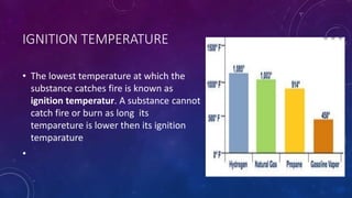 IGNITION TEMPERATURE
• The lowest temperature at which the
substance catches fire is known as
ignition temperatur. A substance cannot
catch fire or burn as long its
tempareture is lower then its ignition
temparature
•
 
