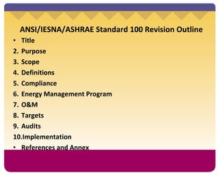 ANSI/IESNA/ASHRAE Standard 100 Revision Outline Title Purpose Scope Definitions Compliance Energy Management Program O&M Targets Audits Implementation References and Annex 