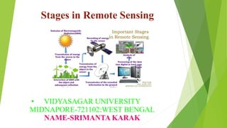 Stages in Remote Sensing
• VIDYASAGAR UNIVERSITY
MIDNAPORE-721102:WEST BENGAL
NAME-SRIMANTA KARAK
 