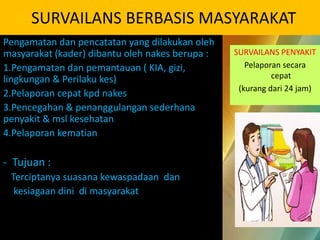 SURVAILANS BERBASIS MASYARAKAT
Pengamatan dan pencatatan yang dilakukan oleh
masyarakat (kader) dibantu oleh nakes berupa :
1.Pengamatan dan pemantauan ( KIA, gizi,
lingkungan & Perilaku kes)
2.Pelaporan cepat kpd nakes
3.Pencegahan & penanggulangan sederhana
penyakit & msl kesehatan
4.Pelaporan kematian
- Tujuan :
Terciptanya suasana kewaspadaan dan
kesiagaan dini di masyarakat
SURVAILANS PENYAKIT
Pelaporan secara
cepat
(kurang dari 24 jam)
 
