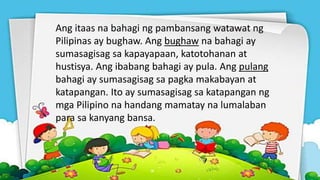 Ang itaas na bahagi ng pambansang watawat ng
Pilipinas ay bughaw. Ang bughaw na bahagi ay
sumasagisag sa kapayapaan, katotohanan at
hustisya. Ang ibabang bahagi ay pula. Ang pulang
bahagi ay sumasagisag sa pagka makabayan at
katapangan. Ito ay sumasagisag sa katapangan ng
mga Pilipino na handang mamatay na lumalaban
para sa kanyang bansa.
 