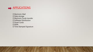 APPLICATIONS
Electronic Mail
Data storage
Electronic funds transfer
Software Distribution
Smart Cards
ISDN
Time Stamped Signature
 