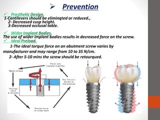 1-Cantilevers should be eliminąted or reduced.,
2- Decreased cusp height.
3-Decreased occlusal table.
The use of wider implant bodies results in decreased force on the screw.
 Prevention
1-The ideal torque force on an abutment screw varies by
manufacturer and may range from 10 to 35 N/cm.
2- After 5-10 mins the screw should be retourqued.
 