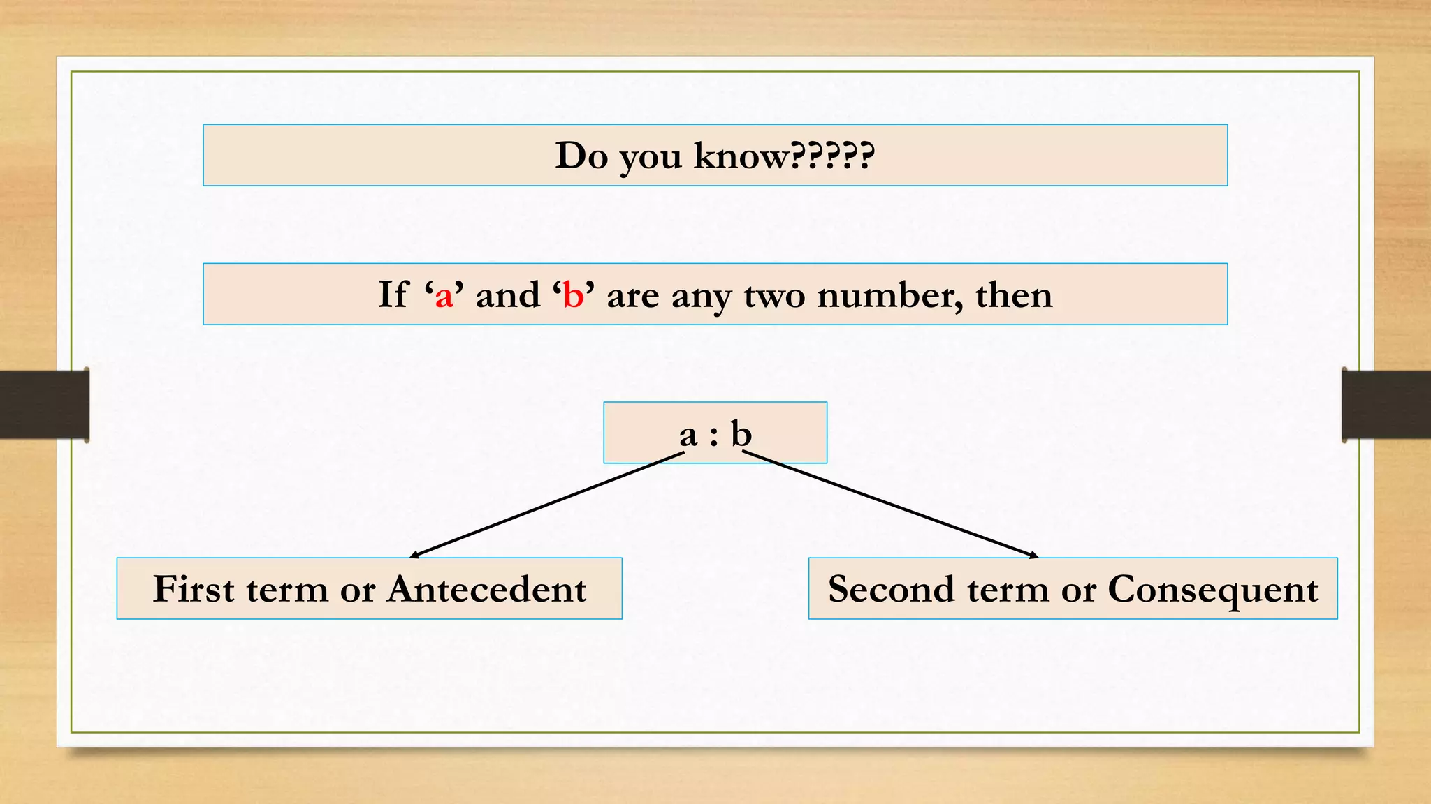 Do you know?????
If ‘a’ and ‘b’ are any two number, then
a : b
First term or Antecedent Second term or Consequent
 