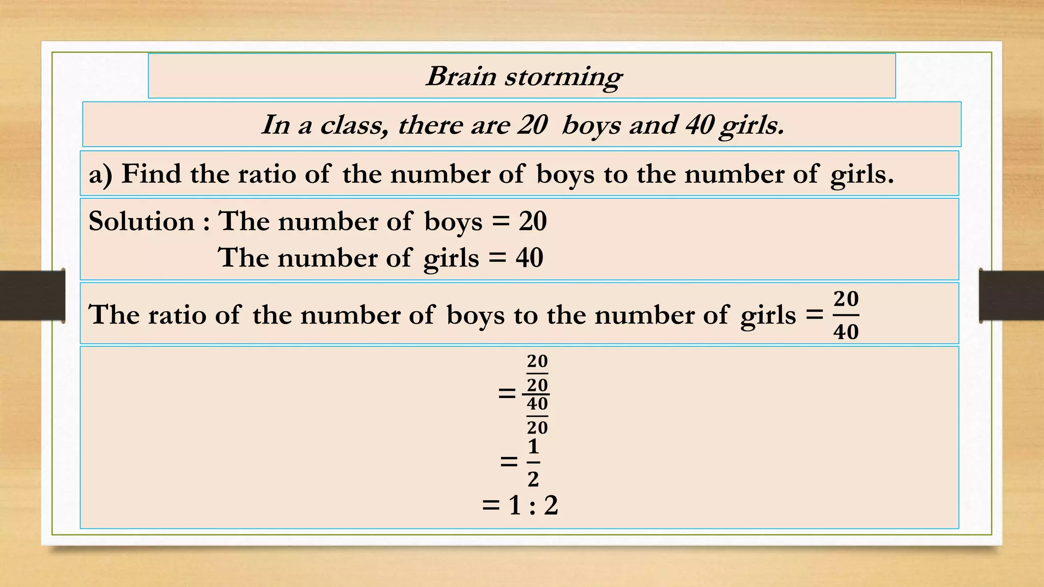 Brain storming
In a class, there are 20 boys and 40 girls.
a) Find the ratio of the number of boys to the number of girls.
The ratio of the number of boys to the number of girls =
𝟐𝟎
𝟒𝟎
Solution : The number of boys = 20
The number of girls = 40
=
𝟐𝟎
𝟐𝟎
𝟒𝟎
𝟐𝟎
=
𝟏
𝟐
= 1 : 2
 