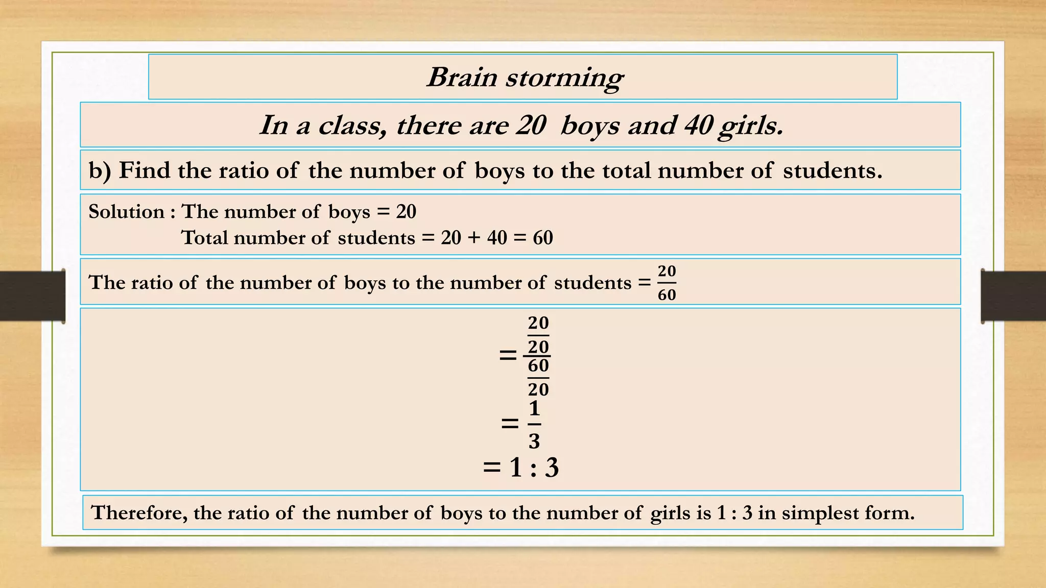 Brain storming
In a class, there are 20 boys and 40 girls.
b) Find the ratio of the number of boys to the total number of students.
The ratio of the number of boys to the number of students =
𝟐𝟎
𝟔𝟎
Solution : The number of boys = 20
Total number of students = 20 + 40 = 60
=
𝟐𝟎
𝟐𝟎
𝟔𝟎
𝟐𝟎
=
𝟏
𝟑
= 1 : 3
Therefore, the ratio of the number of boys to the number of girls is 1 : 3 in simplest form.
 