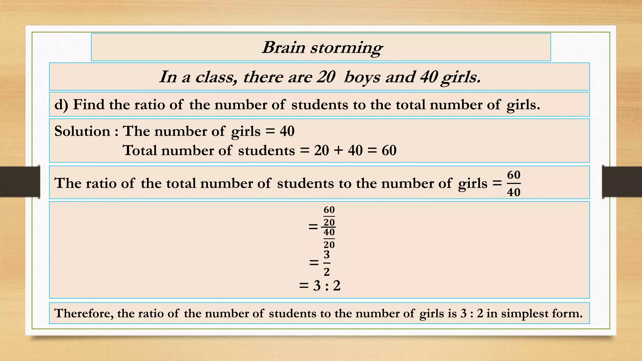 Brain storming
In a class, there are 20 boys and 40 girls.
d) Find the ratio of the number of students to the total number of girls.
The ratio of the total number of students to the number of girls =
𝟔𝟎
𝟒𝟎
Solution : The number of girls = 40
Total number of students = 20 + 40 = 60
=
𝟔𝟎
𝟐𝟎
𝟒𝟎
𝟐𝟎
=
𝟑
𝟐
= 3 : 2
Therefore, the ratio of the number of students to the number of girls is 3 : 2 in simplest form.
 