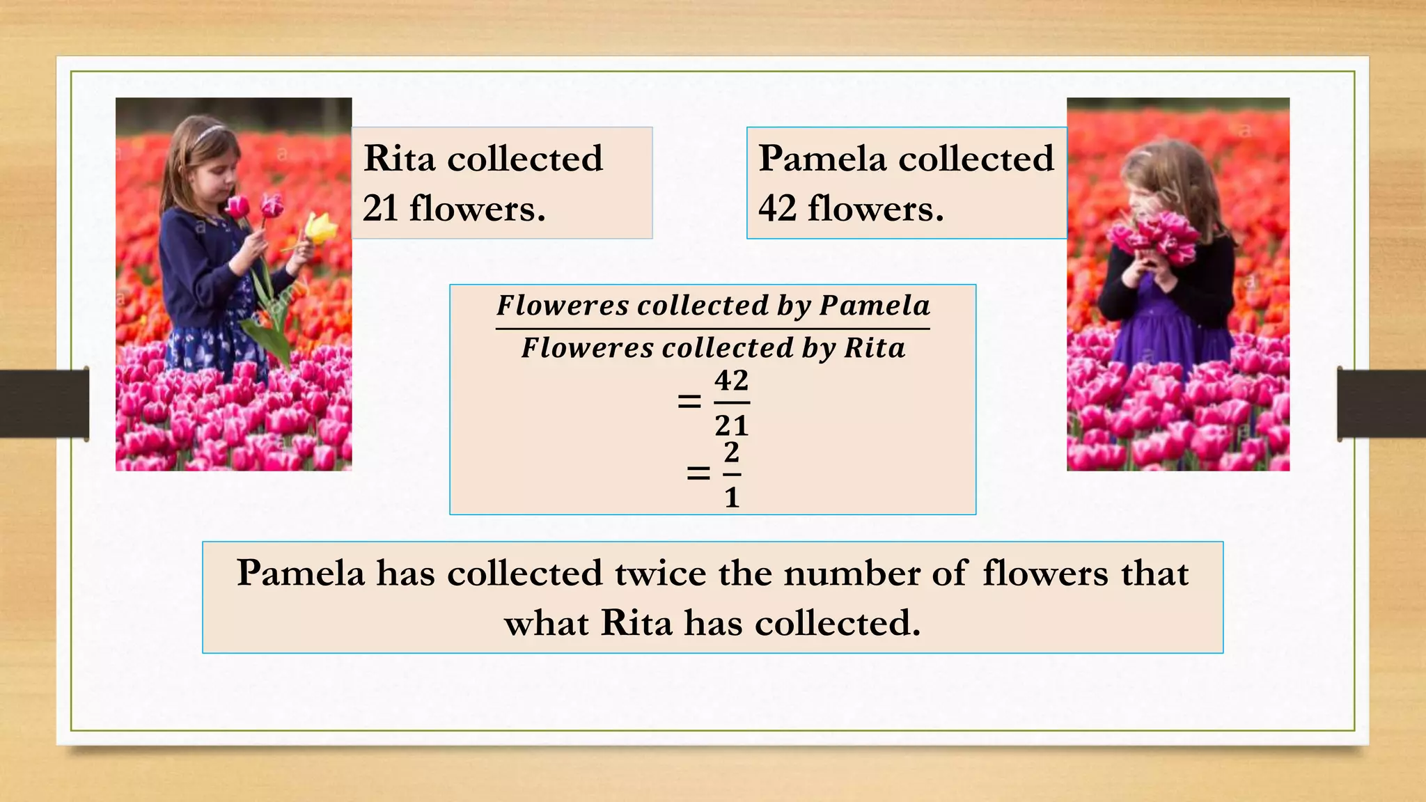 Rita collected
21 flowers.
Pamela collected
42 flowers.
𝑭𝒍𝒐𝒘𝒆𝒓𝒆𝒔 𝒄𝒐𝒍𝒍𝒆𝒄𝒕𝒆𝒅 𝒃𝒚 𝑷𝒂𝒎𝒆𝒍𝒂
𝑭𝒍𝒐𝒘𝒆𝒓𝒆𝒔 𝒄𝒐𝒍𝒍𝒆𝒄𝒕𝒆𝒅 𝒃𝒚 𝑹𝒊𝒕𝒂
=
𝟒𝟐
𝟐𝟏
=
𝟐
𝟏
Pamela has collected twice the number of flowers that
what Rita has collected.
 