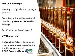 Food and Beverage
Looking to upgrade you conveyor
process.
Optimize capital and operational
cost through Danfoss Drive Flex
Concept
So, What is the Flex Concept?
VLT Flex includes
1. One Gear Drives –Permanent
magnet gear motor replacing the
traditional gear motors.
2. VLT Decentral Drive FCD 302
 