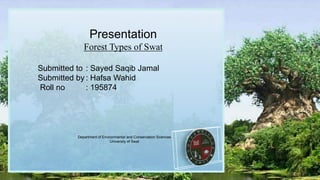 Department of Environmental and Conservation Sciences
University of Swat
Presentation
Forest Types of Swat
Submitted to : Sayed Saqib Jamal
Submitted by : Hafsa Wahid
Roll no : 195874
 
