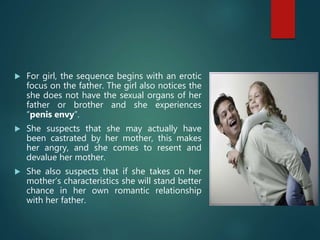  For girl, the sequence begins with an erotic
focus on the father. The girl also notices the
she does not have the sexual organs of her
father or brother and she experiences
“penis envy”.
 She suspects that she may actually have
been castrated by her mother, this makes
her angry, and she comes to resent and
devalue her mother.
 She also suspects that if she takes on her
mother’s characteristics she will stand better
chance in her own romantic relationship
with her father.
 