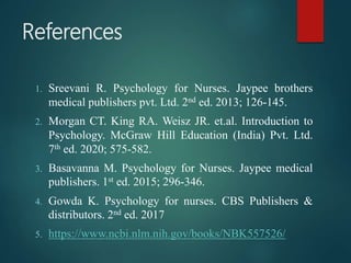 References
1. Sreevani R. Psychology for Nurses. Jaypee brothers
medical publishers pvt. Ltd. 2nd ed. 2013; 126-145.
2. Morgan CT. King RA. Weisz JR. et.al. Introduction to
Psychology. McGraw Hill Education (India) Pvt. Ltd.
7th ed. 2020; 575-582.
3. Basavanna M. Psychology for Nurses. Jaypee medical
publishers. 1st ed. 2015; 296-346.
4. Gowda K. Psychology for nurses. CBS Publishers &
distributors. 2nd ed. 2017
5. https://www.ncbi.nlm.nih.gov/books/NBK557526/
 