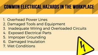 1. Overhead Power Lines
2. Damaged Tools and Equipment
3. Inadequate Wiring and Overloaded Circuits
4. Exposed Electrical Parts
5. Improper Grounding
6. Damaged Insulation
7. Wet Conditions
 