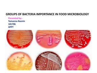 GROUPS OF BACTERIA IMPORTANCE IN FOOD MICROBIOLOGY
Presented by -
Tamanna Naznin
181706
APPT
 