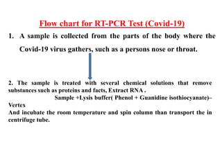 Flow chart for RT-PCR Test (Covid-19)
1. A sample is collected from the parts of the body where the
Covid-19 virus gathers, such as a persons nose or throat.
2. The sample is treated with several chemical solutions that remove
substances such as proteins and facts, Extract RNA .
Sample +Lysis buffer( Phenol + Guanidine isothiocyanate)–
Vertex
And incubate the room temperature and spin column than transport the in
centrifuge tube.
 