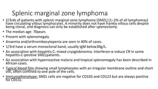 Splenic marginal zone lymphoma
• 2/3rds of patients with splenic marginal zone lymphoma (SMZL) (1–2% of all lymphomas)
have circulating villous lymphocytes. A minority does not have frankly villous cells despite
being clonal, and diagnosis can only be established after splenectomy.
• The median age: 70years
• Present with splenomegaly.
• Anaemia and/orthrombocytopenia are seen in 40% of cases.
• 1/3rd have a serum monoclonal band, usually IgM below30g/L.
• An association with hepatitis C; mixed cryoglobinemia. Interferon-α induce CR in some
hepatitis-C-positive SMZLpatients.
• An association with hyperreactive malaria and tropical splenomegaly has been described in
African cases.
• Typical blood film showing small lymphocytes with an irregular membrane outline and short
villi, often confined to one pole of the cells.
• Immunophenotype: SMZL cells are negative for CD103 and CD123 but are always positive
for CD11c.
 