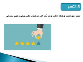 5
-
‫التقييم‬
‫مرحلتين‬ ‫على‬ ‫ذلك‬ ‫ويتم‬ ‫المقرر‬ ‫وجودة‬ ‫فعالية‬ ‫مدى‬ ‫تقييم‬
:
‫إحص‬ ‫وتقييم‬ ‫بنائي‬ ‫تقييم‬
‫ائي‬
 