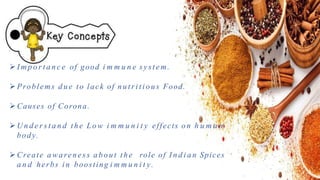  I m p o r t a n c e of good i m m u n e system.
 Problems d u e to lack of nutritious Food.
 Causes of Corona.
U n d e r s t a n d the L o w i m m u n i t y effects on h u m a n
body.
 Create awareness about the role of I n d i a n Spices
a n d herbs i n boosting i m m u n i t y.
 