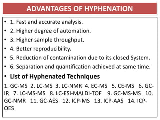 ADVANTAGES OF HYPHENATION
• 1. Fast and accurate analysis.
• 2. Higher degree of automation.
• 3. Higher sample throughput.
• 4. Better reproducibility.
• 5. Reduction of contamination due to its closed System.
• 6. Separation and quantification achieved at same time.
• List of Hyphenated Techniques
1. GC-MS 2. LC-MS 3. LC-NMR 4. EC-MS 5. CE-MS 6. GC-
IR 7. LC-MS-MS 8. LC-ESI-MALDI-TOF 9. GC-MS-MS 10.
GC-NMR 11. GC-AES 12. ICP-MS 13. ICP-AAS 14. ICP-
OES
 