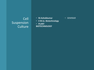 Cell
Suspension
Culture
• M.Ashokkumar
• II M.Sc. Biotechnology
• PLANT
BIOTECHNOLOGY
• SEMINAR
 