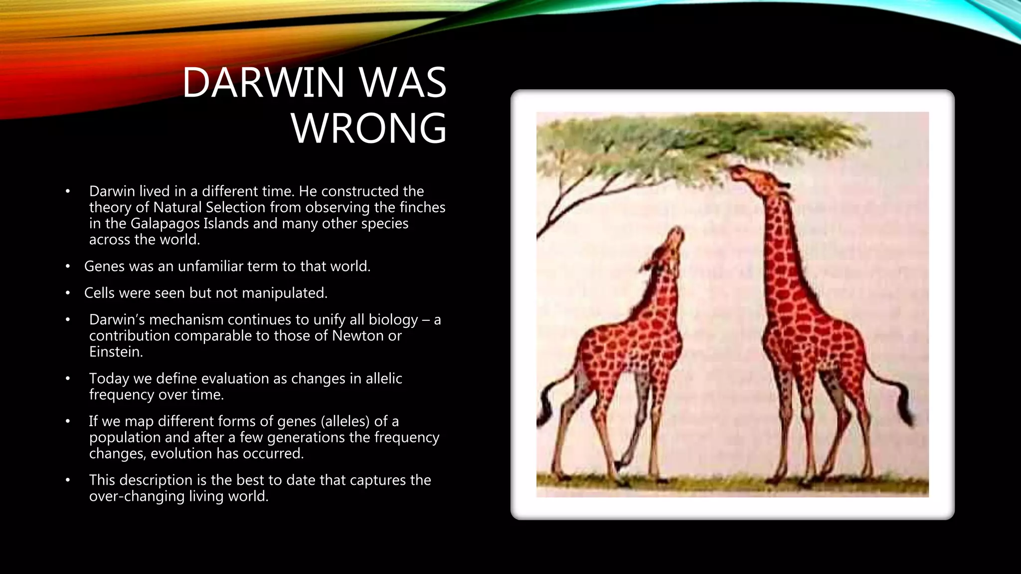 DARWIN WAS
WRONG
• Darwin lived in a different time. He constructed the
theory of Natural Selection from observing the finches
in the Galapagos Islands and many other species
across the world.
• Genes was an unfamiliar term to that world.
• Cells were seen but not manipulated.
• Darwin’s mechanism continues to unify all biology – a
contribution comparable to those of Newton or
Einstein.
• Today we define evaluation as changes in allelic
frequency over time.
• If we map different forms of genes (alleles) of a
population and after a few generations the frequency
changes, evolution has occurred.
• This description is the best to date that captures the
over-changing living world.
 