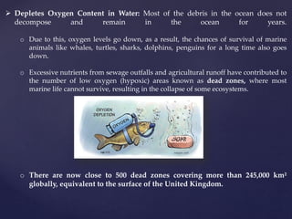  Depletes Oxygen Content in Water: Most of the debris in the ocean does not
decompose and remain in the ocean for years.
o Due to this, oxygen levels go down, as a result, the chances of survival of marine
animals like whales, turtles, sharks, dolphins, penguins for a long time also goes
down.
o Excessive nutrients from sewage outfalls and agricultural runoff have contributed to
the number of low oxygen (hypoxic) areas known as dead zones, where most
marine life cannot survive, resulting in the collapse of some ecosystems.
o There are now close to 500 dead zones covering more than 245,000 km²
globally, equivalent to the surface of the United Kingdom.
 