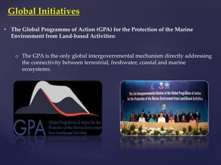 Global Initiatives
• The Global Programme of Action (GPA) for the Protection of the Marine
Environment from Land-based Activities:
o The GPA is the only global intergovernmental mechanism directly addressing
the connectivity between terrestrial, freshwater, coastal and marine
ecosystems.
 