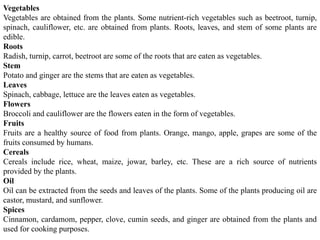 Vegetables
Vegetables are obtained from the plants. Some nutrient-rich vegetables such as beetroot, turnip,
spinach, cauliflower, etc. are obtained from plants. Roots, leaves, and stem of some plants are
edible.
Roots
Radish, turnip, carrot, beetroot are some of the roots that are eaten as vegetables.
Stem
Potato and ginger are the stems that are eaten as vegetables.
Leaves
Spinach, cabbage, lettuce are the leaves eaten as vegetables.
Flowers
Broccoli and cauliflower are the flowers eaten in the form of vegetables.
Fruits
Fruits are a healthy source of food from plants. Orange, mango, apple, grapes are some of the
fruits consumed by humans.
Cereals
Cereals include rice, wheat, maize, jowar, barley, etc. These are a rich source of nutrients
provided by the plants.
Oil
Oil can be extracted from the seeds and leaves of the plants. Some of the plants producing oil are
castor, mustard, and sunflower.
Spices
Cinnamon, cardamom, pepper, clove, cumin seeds, and ginger are obtained from the plants and
used for cooking purposes.
 
