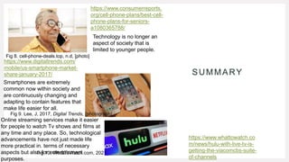 SUMMARY
https://www.consumerreports.
org/cell-phone-plans/best-cell-
phone-plans-for-seniors-
a1080365788/
Technology is no longer an
aspect of society that is
limited to younger people.
https://www.digitaltrends.com/
mobile/us-smartphone-market-
share-january-2017/
Smartphones are extremely
common now within society and
are continuously changing and
adapting to contain features that
make life easier for all.
https://www.whattowatch.co
m/news/hulu-with-live-tv-is-
getting-the-viacomcbs-suite-
of-channels
Online streaming services make it easier
for people to watch Tv shows and films at
any time and any place. So, technological
advancements have not just made life
more practical in. terms of necessary
aspects but also for entertainment
purposes.
Fig 8. cell-phone-deals.top, n.d, [photo]
Fig 9. Lee, J, 2017, Digital Trends, [photograph]
Fig 10. WhatToWatch.com, 2021
 