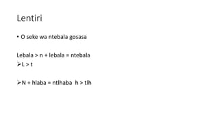 Lentiri
• O seke wa ntebala gosasa
Lebala > n + lebala = ntebala
L > t
N + hlaba = ntlhaba h > tlh
 