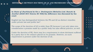 DIFFERENCE BETWEEN DOCTRINE OF LE AND PROMISSORY ESTOEPPL (PE)
In State of Jharkhand & Ors v. Brahmputra Mettalics Ltd. Ranchi &
Another (2020 SCC OnLine SC 968) the difference was discussed by the
court
English law has distinguished between the PE and LE as distinct remedies
under private law and public law”.
The scope of the doctrine of LE is wider than PE because it not only takes into
consideration a promise made by a public body but also official practice, as well.
Under the doctrine of PE, there may be a requirement to show detriment suffered
by a party due to the reliance placed on its promise. However, no such
requirement is present under the doctrine of LE.
 