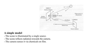 A simple model
- The scene is illuminated by a single source.
- The scene reflects radiation towards the camera.
- The camera senses it via chemicals on film.
 