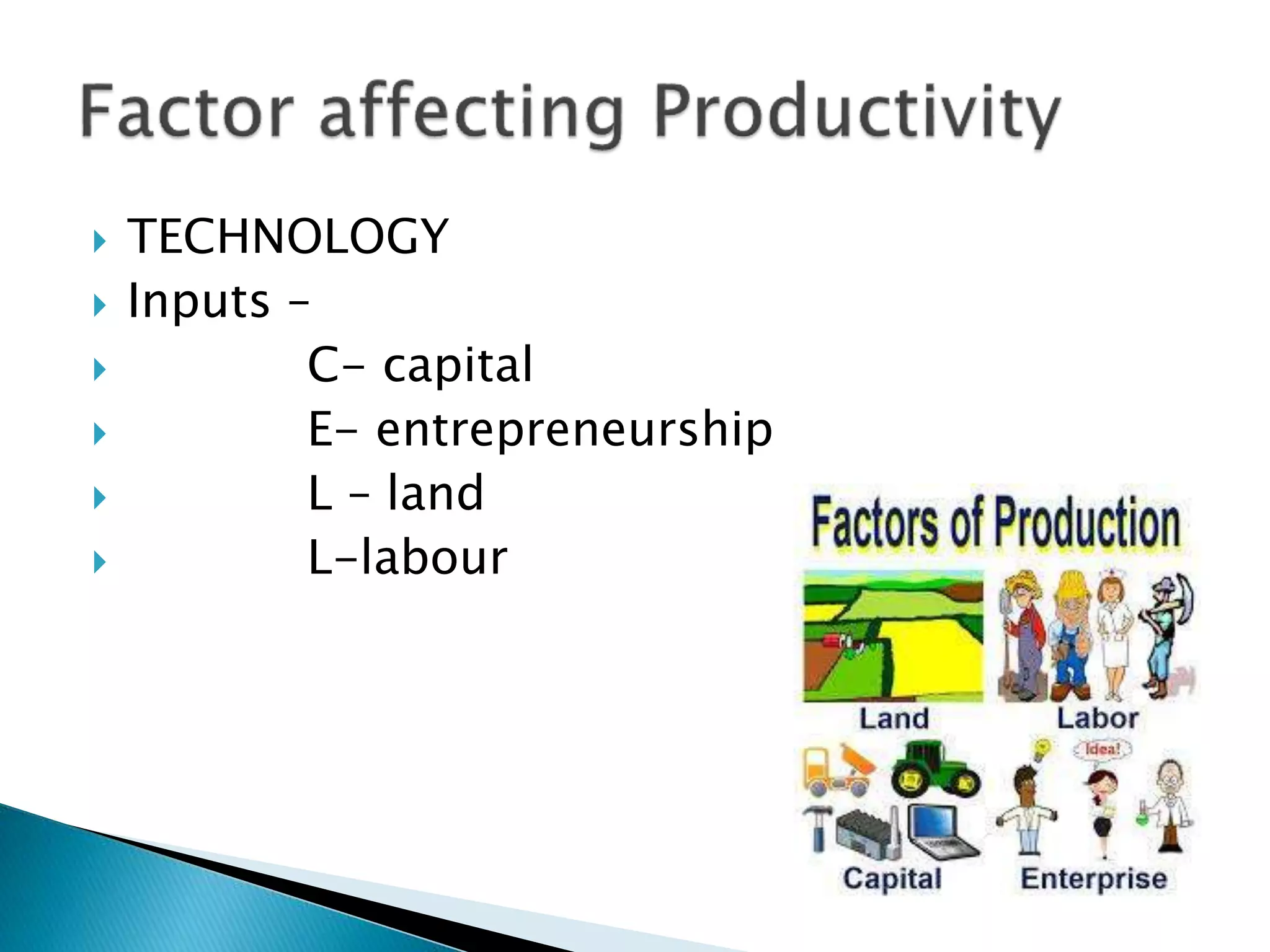  TECHNOLOGY
Inputs –
C- capital
E- entrepreneurship
L – land
L-labour