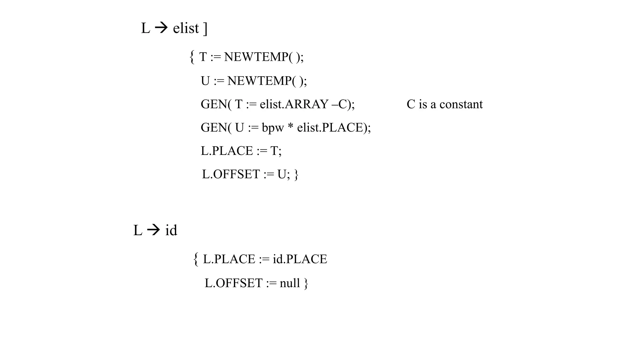 L → elist ]
{ T := NEWTEMP( );
U := NEWTEMP( );
GEN( T := elist.ARRAY –C); C is a constant
GEN( U := bpw * elist.PLACE);
L.PLACE := T;
L.OFFSET := U; }
L → id
{ L.PLACE := id.PLACE
L.OFFSET := null }
 