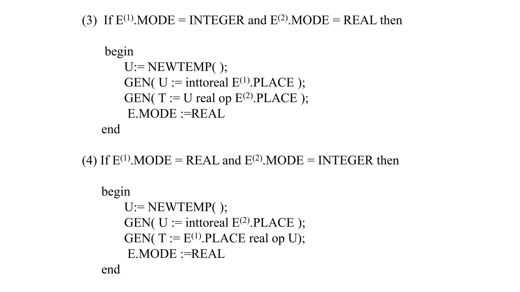 (3) If E(1).MODE = INTEGER and E(2).MODE = REAL then
begin
U:= NEWTEMP( );
GEN( U := inttoreal E(1).PLACE );
GEN( T := U real op E(2).PLACE );
E.MODE :=REAL
end
(4) If E(1).MODE = REAL and E(2).MODE = INTEGER then
begin
U:= NEWTEMP( );
GEN( U := inttoreal E(2).PLACE );
GEN( T := E(1).PLACE real op U);
E.MODE :=REAL
end
 