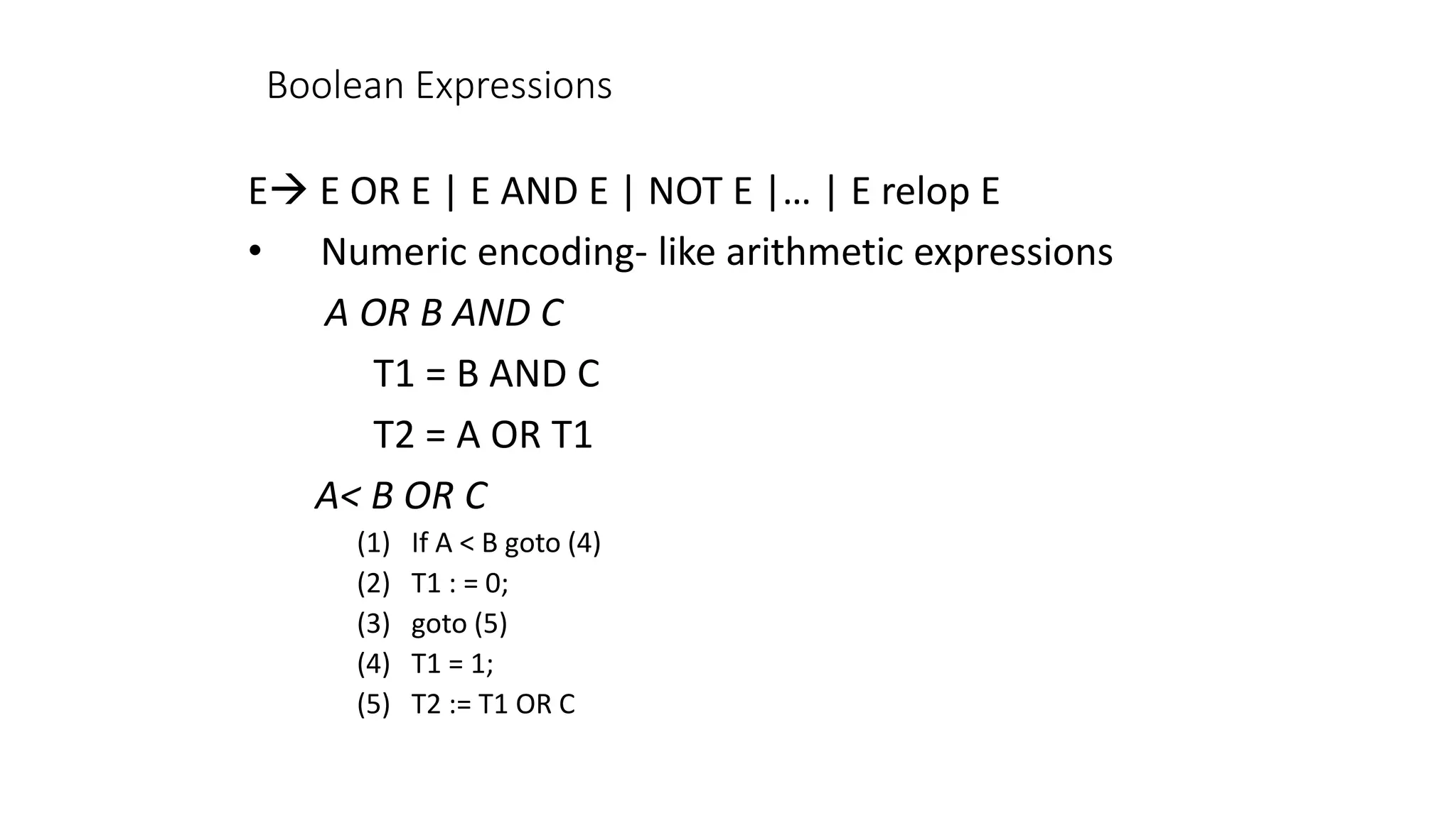 Boolean Expressions
E→ E OR E | E AND E | NOT E |… | E relop E
• Numeric encoding- like arithmetic expressions
A OR B AND C
T1 = B AND C
T2 = A OR T1
A< B OR C
(1) If A < B goto (4)
(2) T1 : = 0;
(3) goto (5)
(4) T1 = 1;
(5) T2 := T1 OR C
 