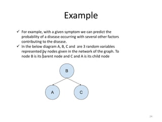 Example
24
]
 For example, with a given symptom we can predict the
probability of a disease occurring with several other factors
contributing to the disease.
 In the below diagram A, B, C and are 3 random variables
represented by nodes given in the network of the graph. To
node B is its parent node and C and A is its child node
 