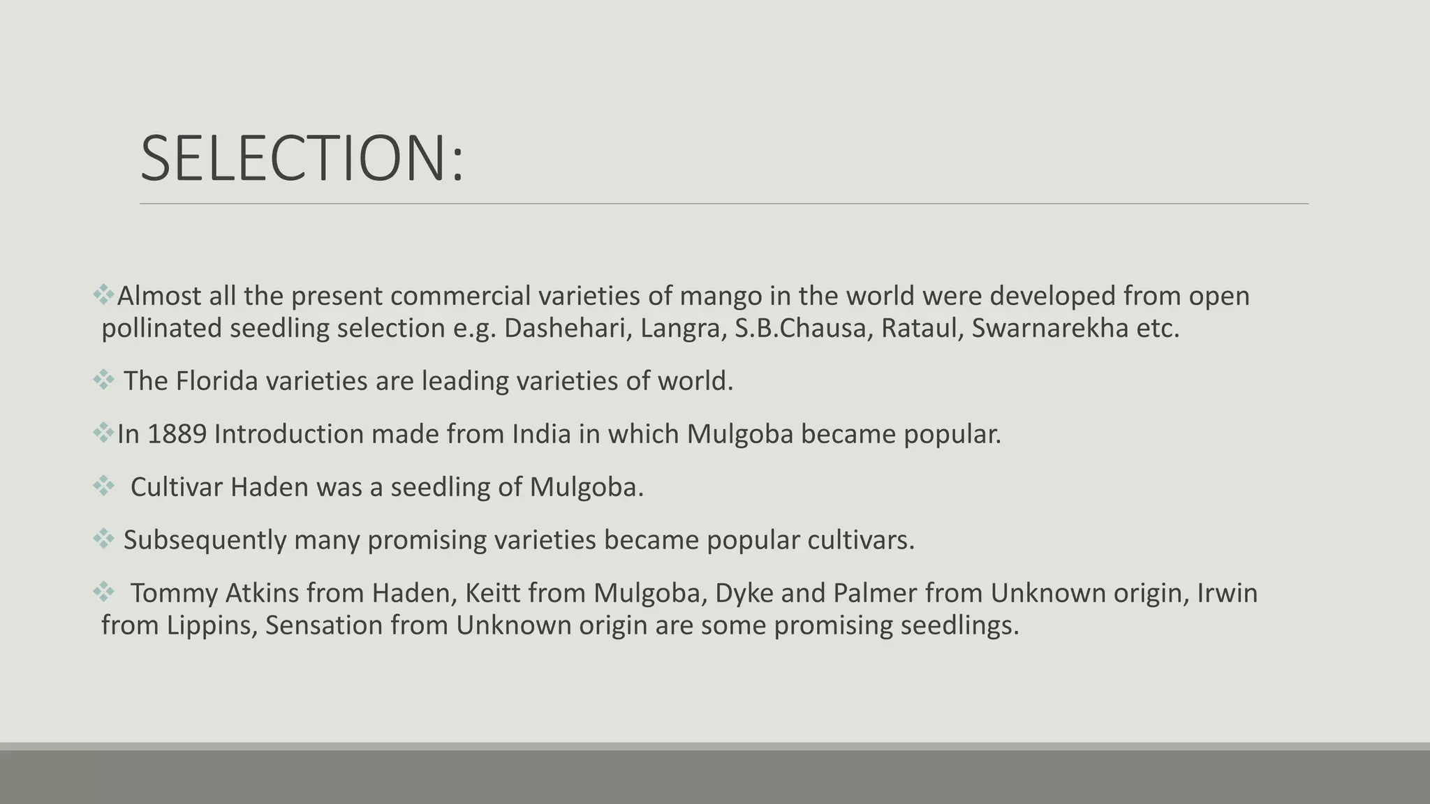 SELECTION:
Almost all the present commercial varieties of mango in the world were developed from open
pollinated seedling selection e.g. Dashehari, Langra, S.B.Chausa, Rataul, Swarnarekha etc.
 The Florida varieties are leading varieties of world.
In 1889 Introduction made from India in which Mulgoba became popular.
 Cultivar Haden was a seedling of Mulgoba.
 Subsequently many promising varieties became popular cultivars.
 Tommy Atkins from Haden, Keitt from Mulgoba, Dyke and Palmer from Unknown origin, Irwin
from Lippins, Sensation from Unknown origin are some promising seedlings.
 