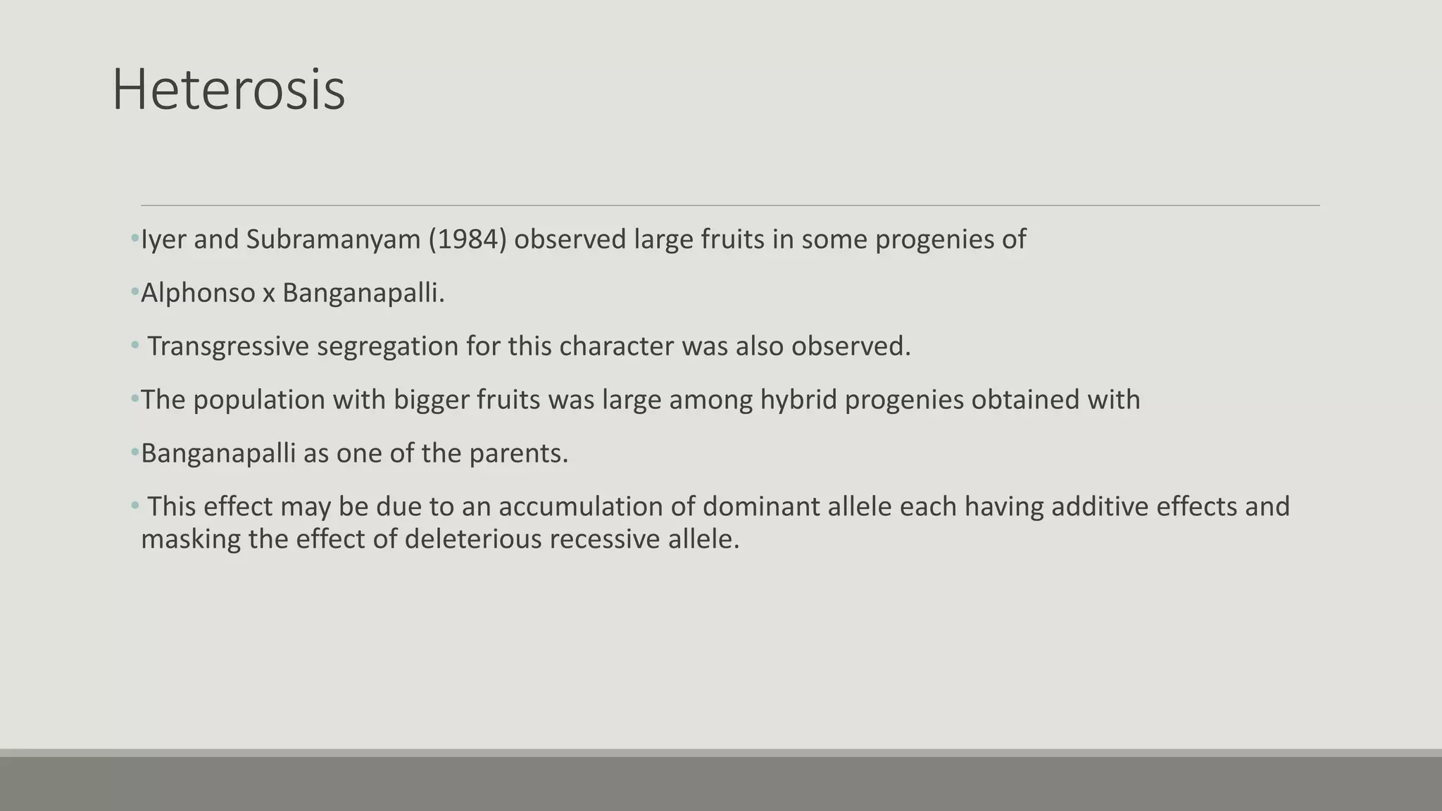 Heterosis
•Iyer and Subramanyam (1984) observed large fruits in some progenies of
•Alphonso x Banganapalli.
• Transgressive segregation for this character was also observed.
•The population with bigger fruits was large among hybrid progenies obtained with
•Banganapalli as one of the parents.
• This effect may be due to an accumulation of dominant allele each having additive effects and
masking the effect of deleterious recessive allele.
 