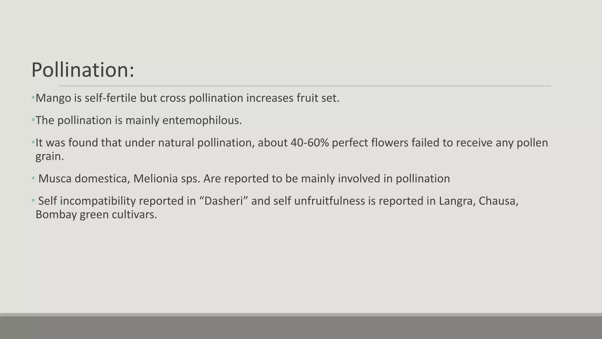 Pollination:
•Mango is self-fertile but cross pollination increases fruit set.
•The pollination is mainly entemophilous.
•It was found that under natural pollination, about 40-60% perfect flowers failed to receive any pollen
grain.
• Musca domestica, Melionia sps. Are reported to be mainly involved in pollination
• Self incompatibility reported in “Dasheri” and self unfruitfulness is reported in Langra, Chausa,
Bombay green cultivars.
 