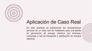 Aplicación de Caso Real
En este apartado se presentarán las características
técnicas de un caso real de instalación para una planta
de generación de energía eléctrica con biomasa,
conectada a red de transporte o distribución de energía
eléctrica.
 