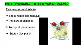 WHY DYNAMICS OF POLYMER CHAIN:-
Play an important role in-
 Stress relaxation modulus
 Fracture mechanics
 Transport phenomena
 Energy dissipation
 