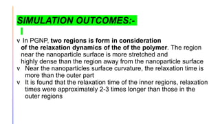 SIMULATION OUTCOMES:-
v In PGNP, two regions is form in consideration
of the relaxation dynamics of the of the polymer. The region
near the nanoparticle surface is more stretched and
highly dense than the region away from the nanoparticle surface
v Near the nanoparticles surface curvature, the relaxation time is
more than the outer part
v It is found that the relaxation time of the inner regions, relaxation
times were approximately 2-3 times longer than those in the
outer regions
 