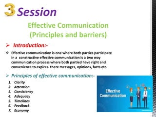 Session
Effective Communication
(Principles and barriers)
 Effective communication is one where both parties participate
in a constructive effective communication is a two way
communication process where both partied have right and
convenience to expires. there messages, opinions, facts etc.
 Introduction:-
 Principles of effective communication:-
1. Clarity
2. Attention
3. Consistency
4. Adequacy
5. Timelines
6. Feedback
7. Economy
 