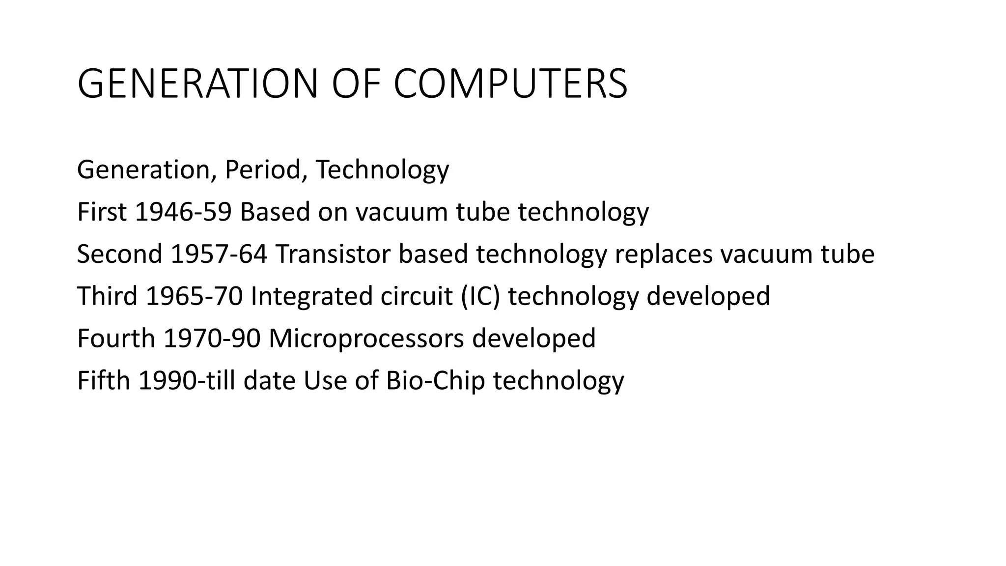 GENERATION OF COMPUTERS
Generation, Period, Technology
First 1946-59 Based on vacuum tube technology
Second 1957-64 Transistor based technology replaces vacuum tube
Third 1965-70 Integrated circuit (IC) technology developed
Fourth 1970-90 Microprocessors developed
Fifth 1990-till date Use of Bio-Chip technology
 